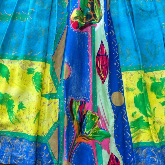 Vintage Blue Yellow Green Pink Colorful Printed High Waisted Midi Skirt - Picture 3 of 12